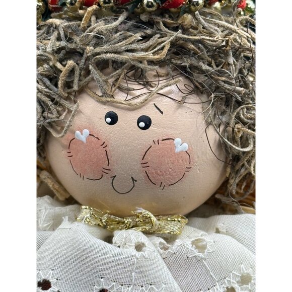 Vtg. Primitive Wooden Christmas Angel Doll Plaid Dress "Heavenly Holidays" Decor - Picture 2 of 7
